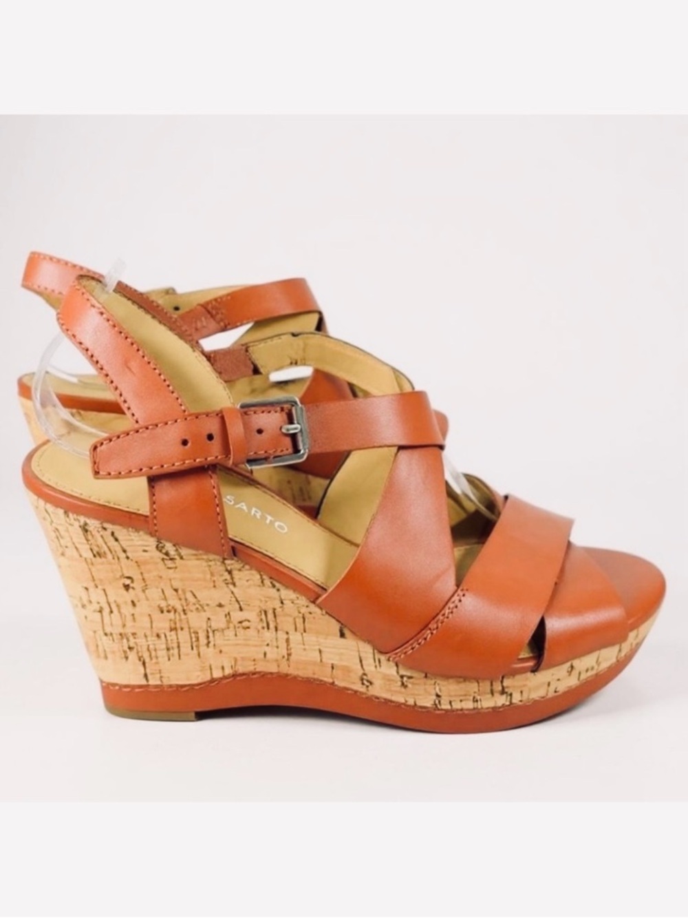Franco Sarto Leather Strappy Wedge Sandals Heels Cognac Size 8